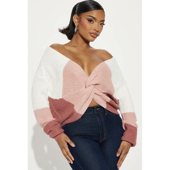 Fashion Nova Sweaters - Fashion Nova Womens Twisted Sweater Blush Colorblock Crop Knit Size M NWT Boho